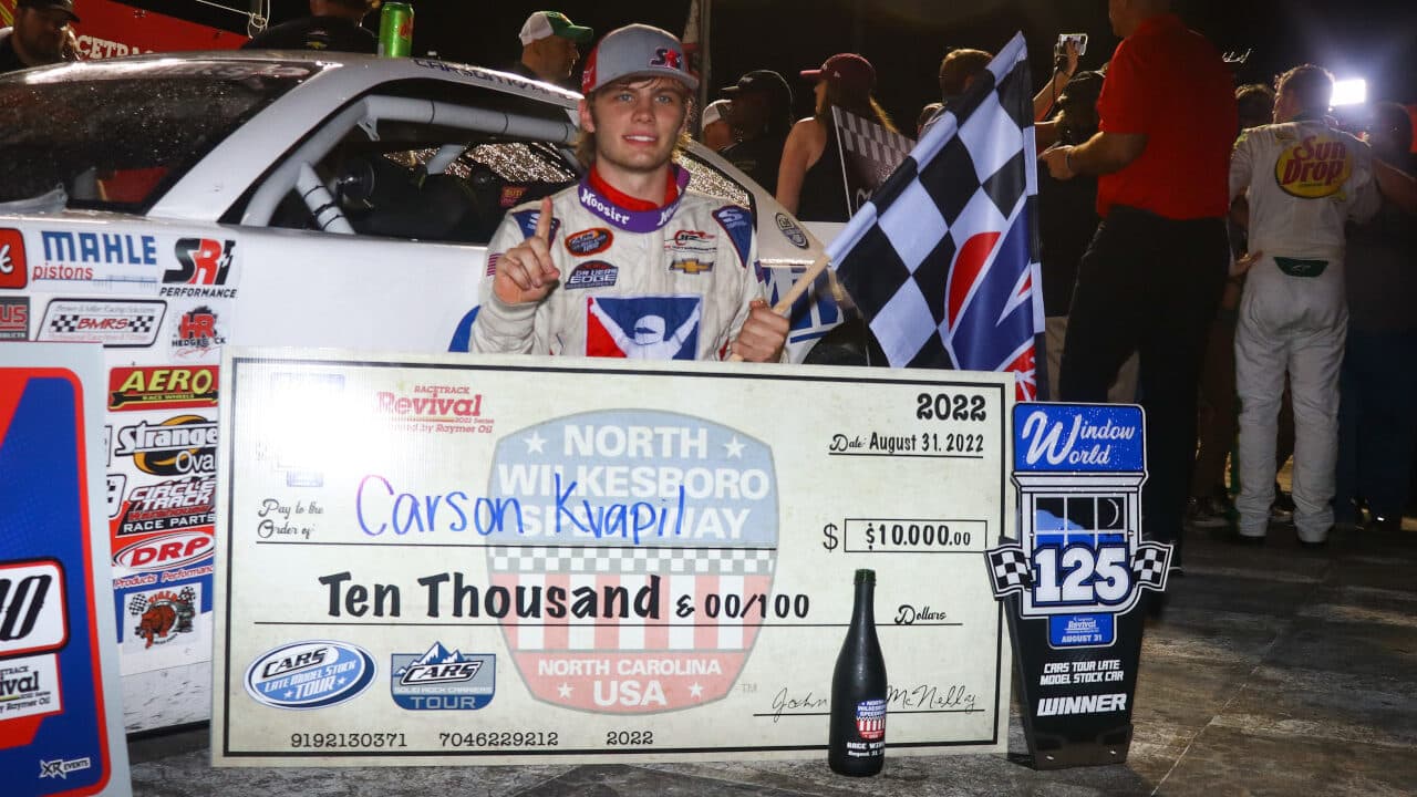 hero image for Carson Kvapil Outduels Mason Diaz, Dale Jr in CARS Tour at Wilkesboro