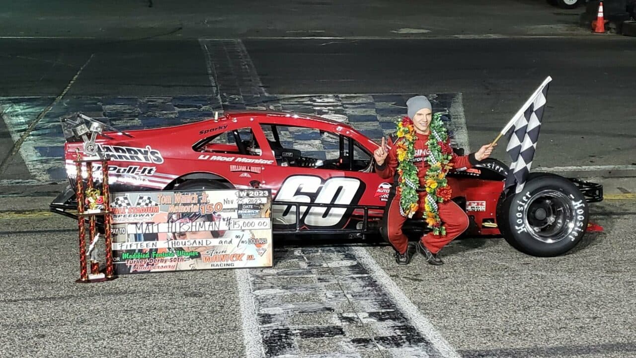 hero image for Matt Hirschman Wins Wreck-Filled Turkey Derby at Wall Stadium Speedway
