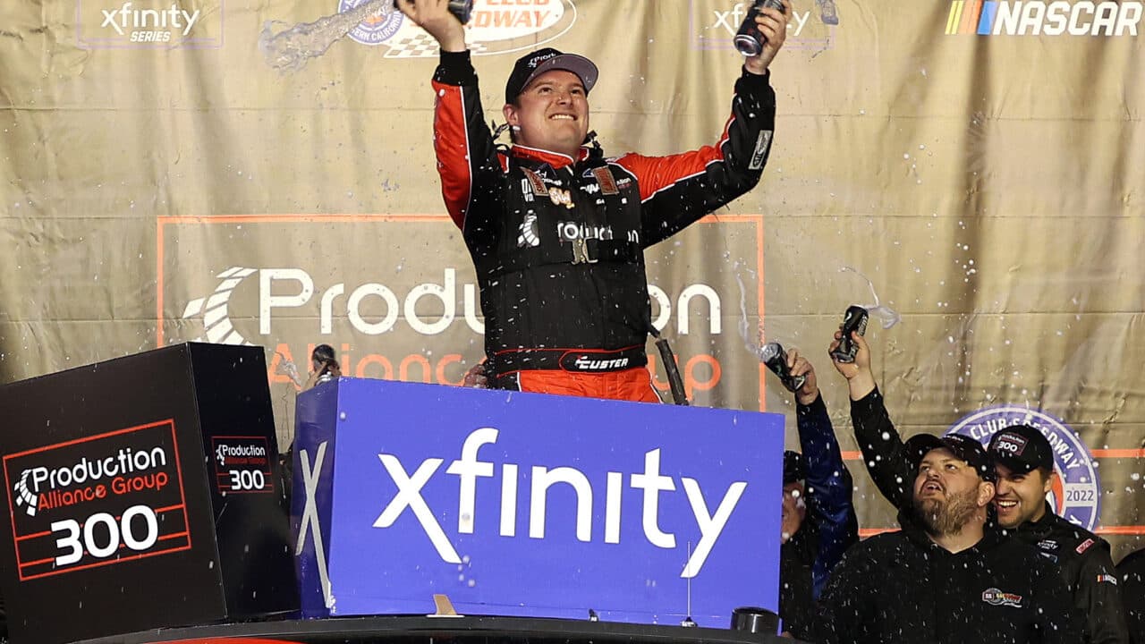 hero image for Cole Custer Survives 3OT to Win Fontana Xfinity Race