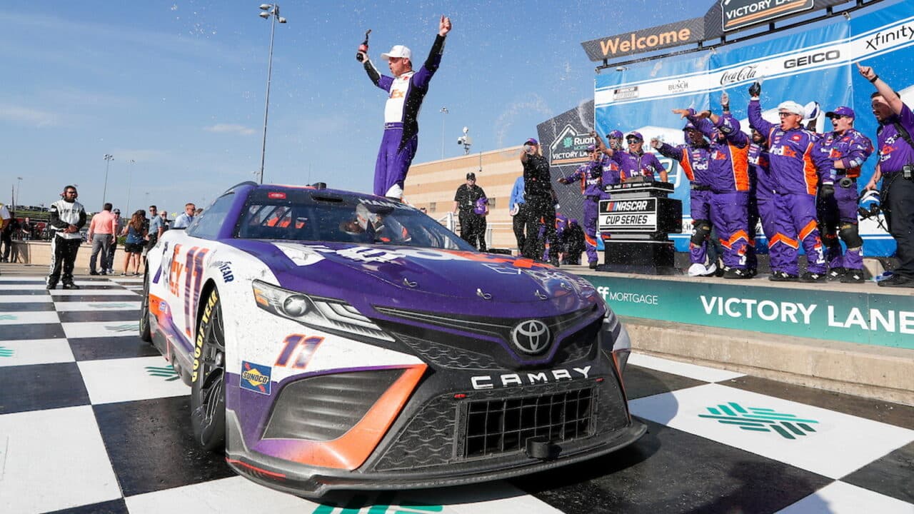 hero image for Denny Hamlin Prevails in Thrilling NASCAR Cup Series Event at Kansas Speedway