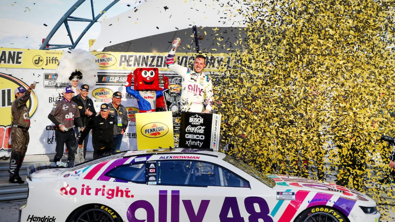 hero image for Alex Bowman Wins Las Vegas in Overtime with Two-Tire Gamble