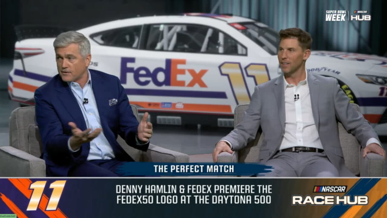 hero image for Denny Hamlin Reveals Special Daytona 500 FedEx 50th Anniversary Paint Scheme on FS1's RaceHub